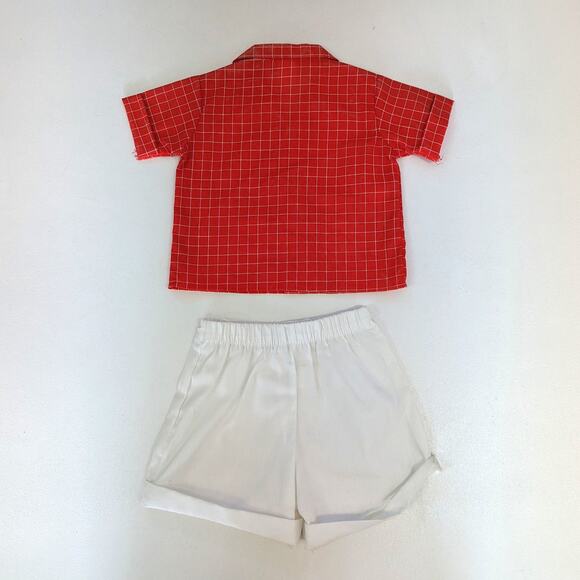 Vintage Clowns Inc Outfit Boys Sz 18m Red Plaid Shorts Button Down Preppy - Picture 2 of 4